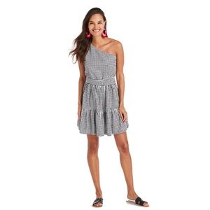 Vineyard Vines Gingham Seersucker One Shoulder Tie Dress Size 8, black and white